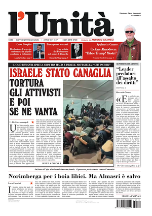 Prima pagina L'Unità di oggi - Quotidiano nazionale