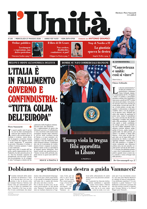 Prima pagina L'Unità di oggi - Quotidiano nazionale