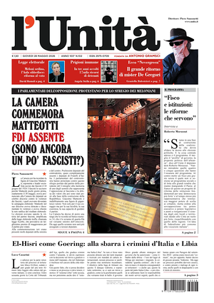 Prima pagina L'Unità di oggi - Quotidiano nazionale