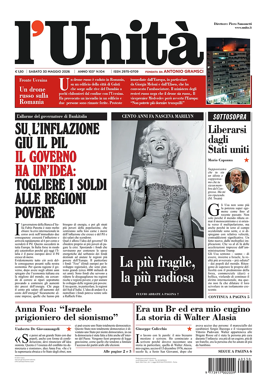 Prima pagina L'Unità di oggi - Edicola 30 Maggio 2026