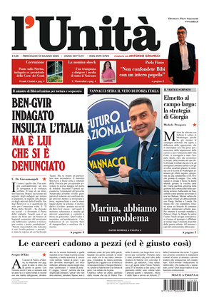 Prima pagina L'Unità di oggi - Quotidiano nazionale