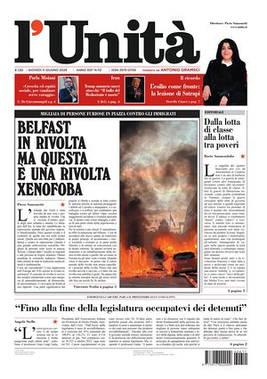 Prima pagina L'Unità di oggi - Quotidiano nazionale
