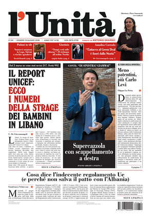 Prima pagina L'Unità di oggi - Quotidiano nazionale