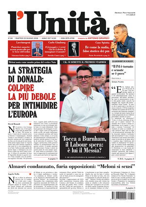 Prima pagina L'Unità di oggi - Quotidiano nazionale