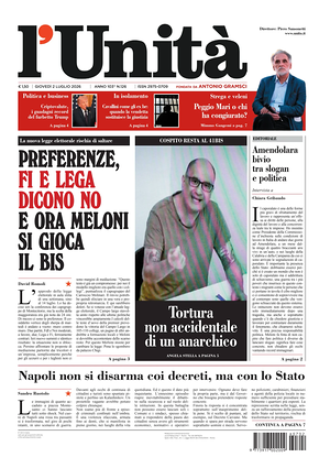 Prima pagina L'Unità di oggi - Quotidiano nazionale