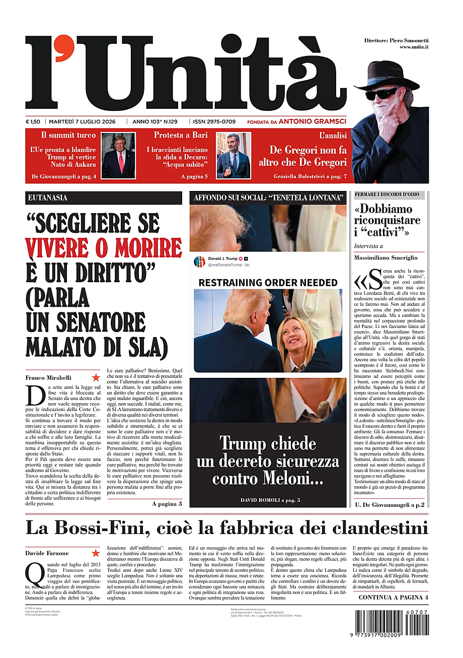 Prima pagina L'Unità di oggi - Edicola 7 Luglio 2026