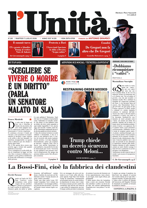 Prima pagina L'Unità di oggi - Quotidiano nazionale