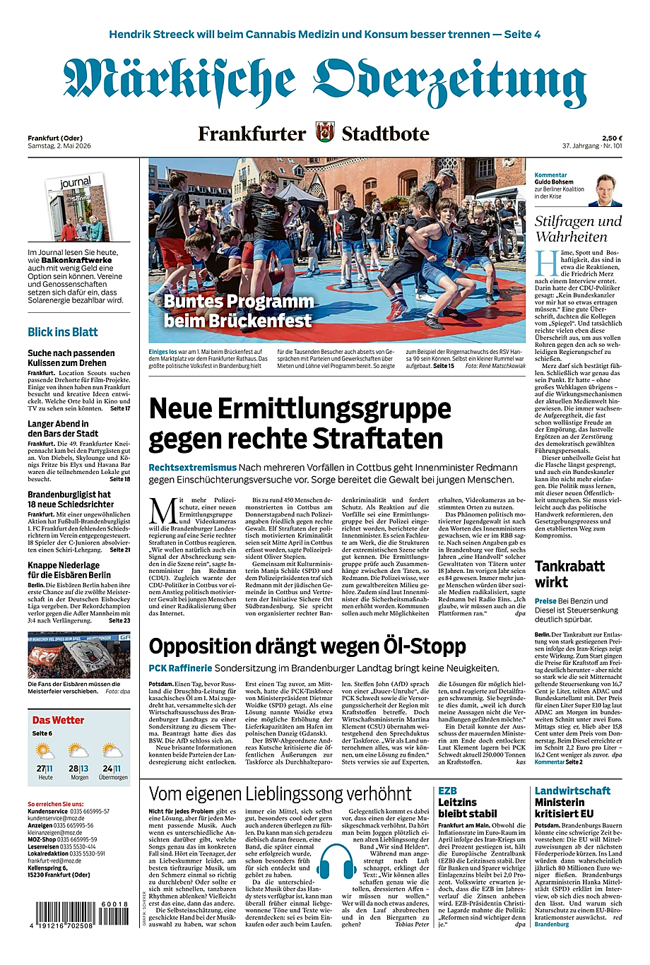 Titelseite von Märkische Oderzeitung heute - Presse 2 Mai 2026