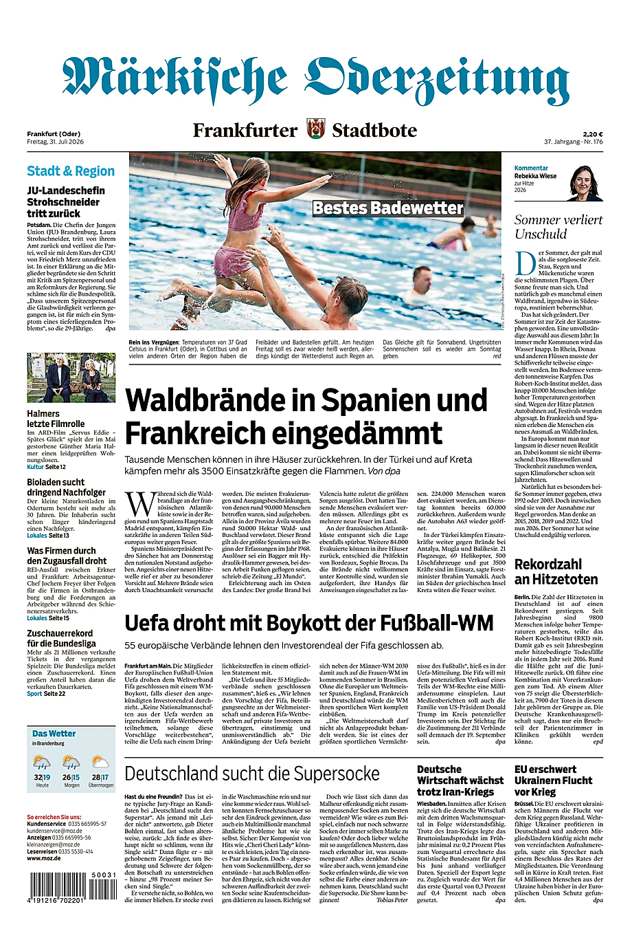 Titelseite von Märkische Oderzeitung heute - Presse 31 Juli 2026