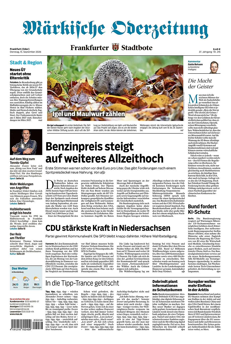 Titelseite von Märkische Oderzeitung heute - Presse 15 September 2026