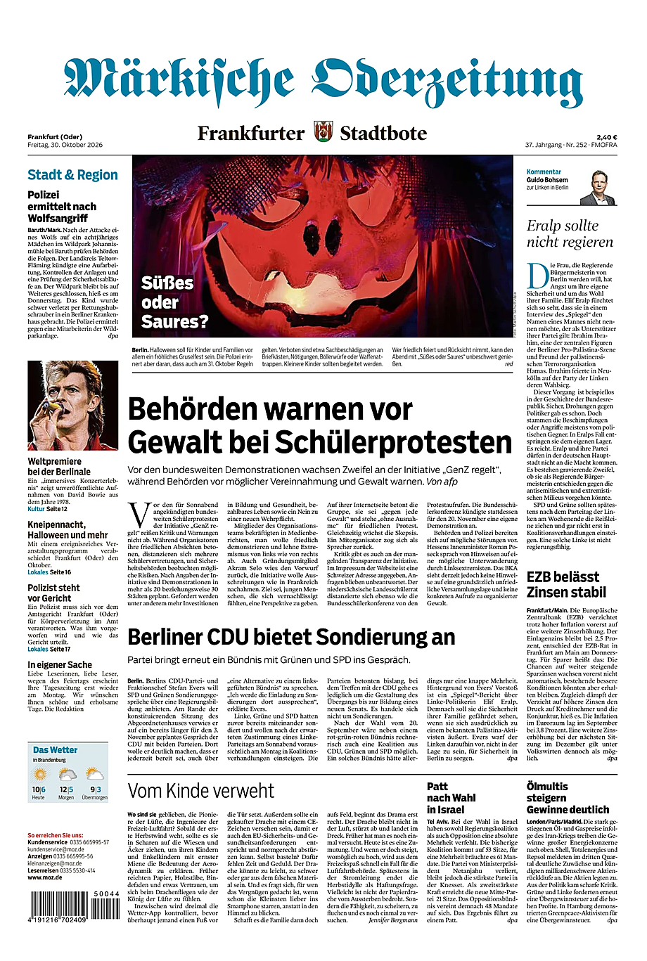 Titelseite von Märkische Oderzeitung heute - Presse 30 Oktober 2026