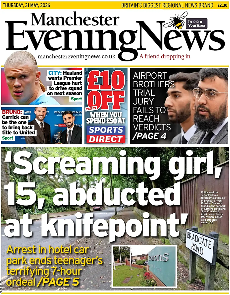 Front page of Manchester Evening News today - UK press 21 May 2026