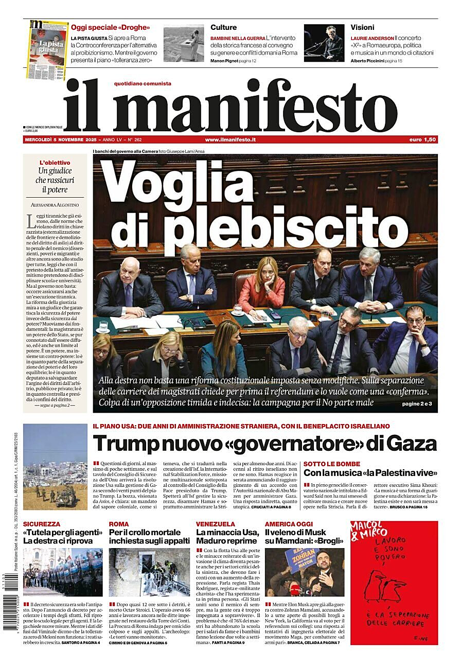 Prima pagina Il Manifesto di oggi - Edicola 5 Novembre 2025