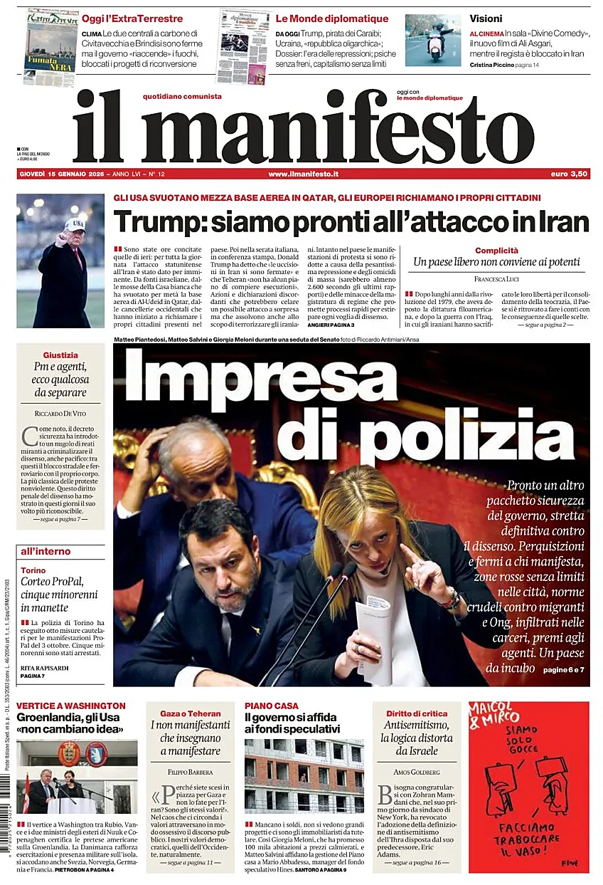 Prima pagina Il Manifesto di oggi - Edicola 15 Gennaio 2026