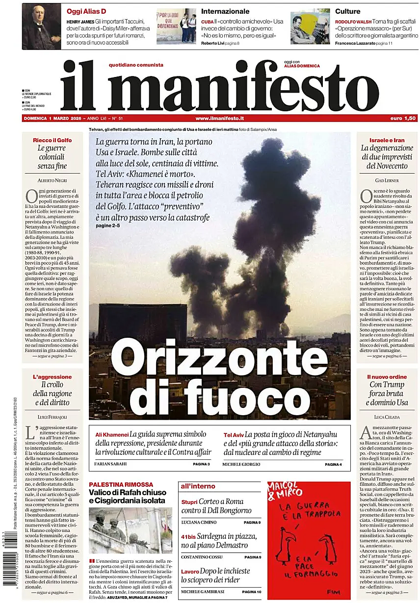 Prima pagina Il Manifesto di oggi - Edicola 1 Marzo 2026