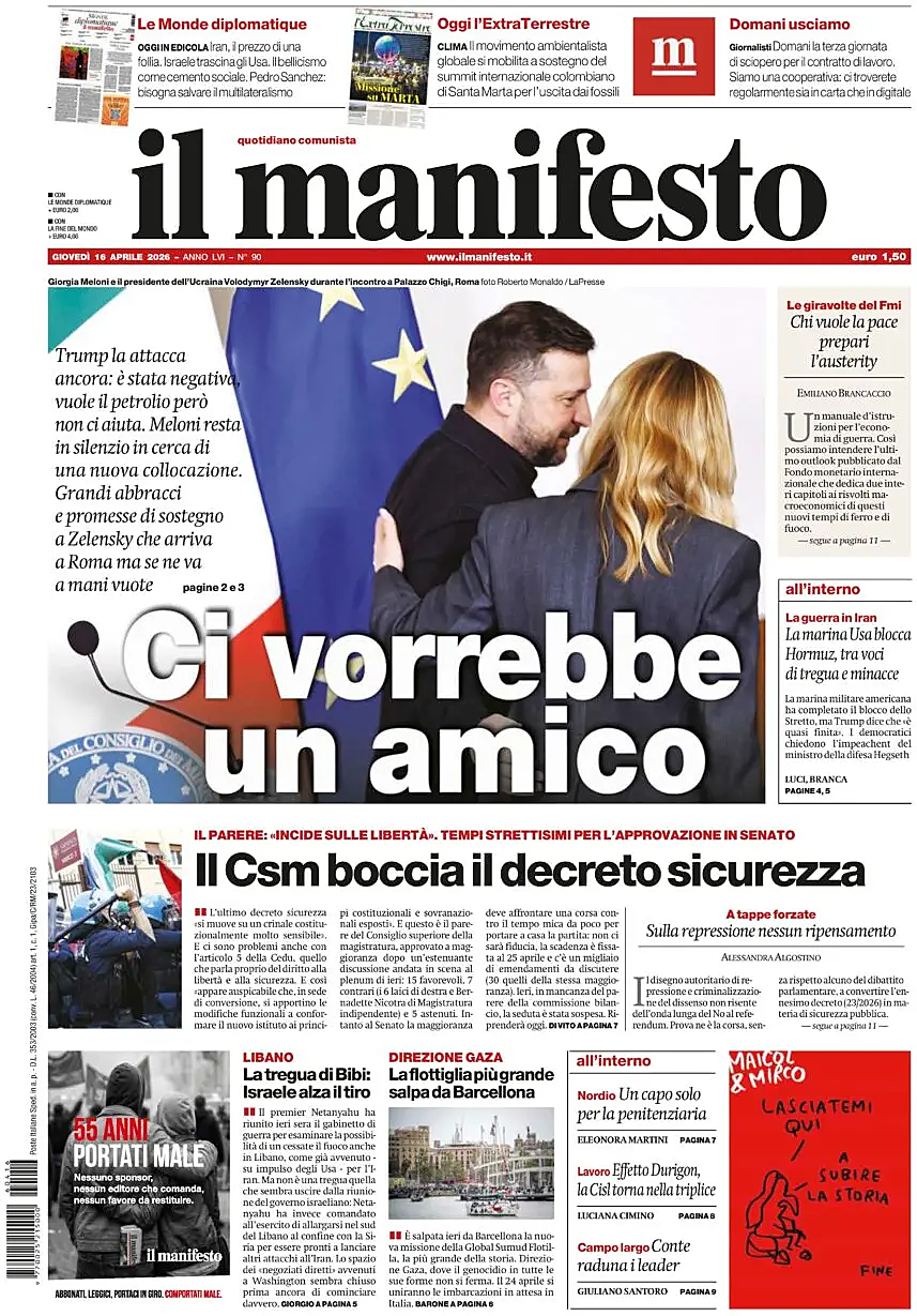 Prima pagina Il Manifesto di oggi - Edicola 16 Aprile 2026