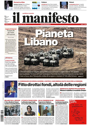 Prima pagina Il Manifesto di oggi - Quotidiano nazionale