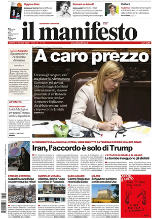 Prima pagina Il Manifesto di oggi - Quotidiano nazionale
