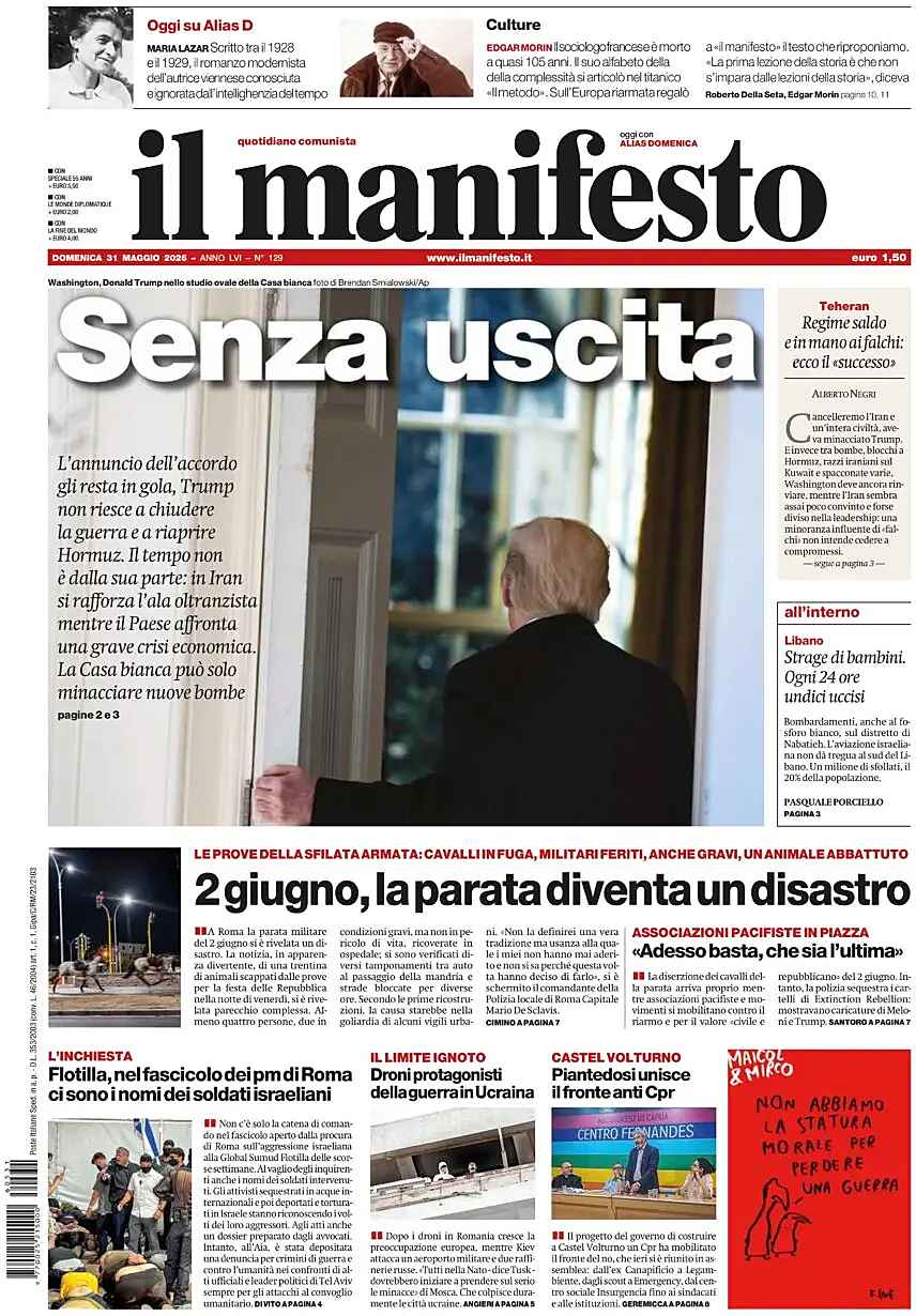 Prima pagina Il Manifesto di oggi - Edicola 31 Maggio 2026