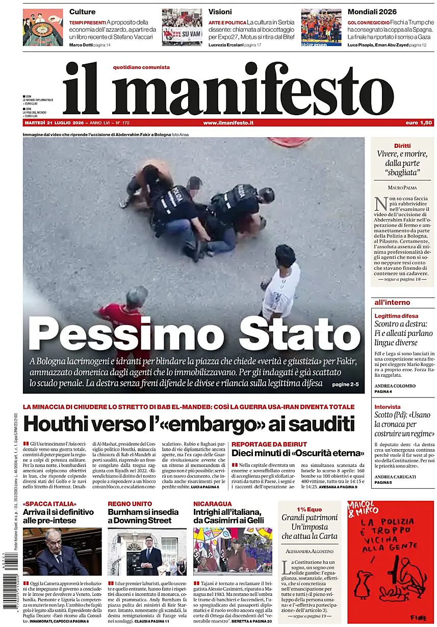 Prima pagina Il Manifesto di oggi - Edicola 21 Luglio 2026