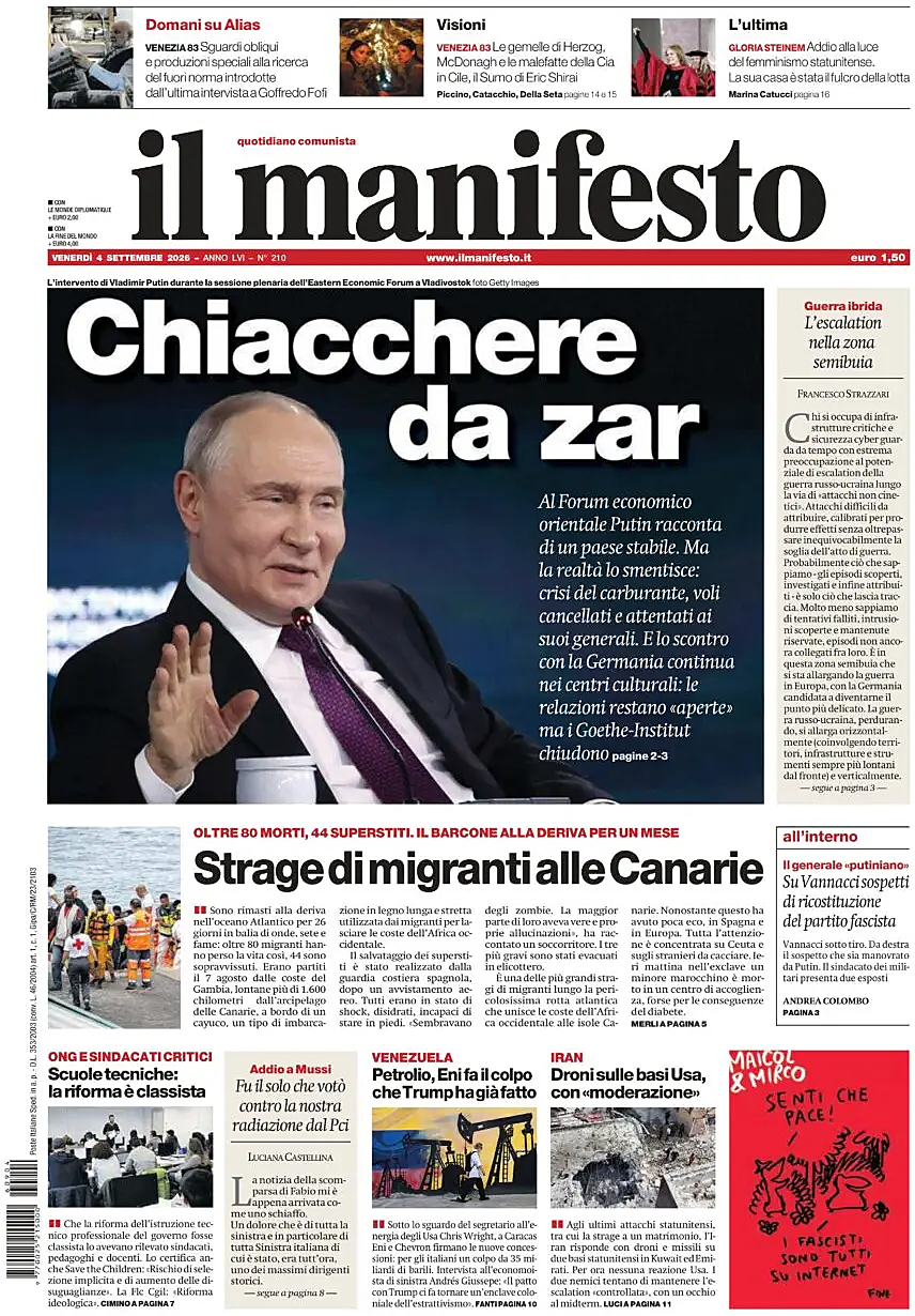 Prima pagina Il Manifesto di oggi - Edicola 4 Settembre 2026