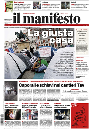 Prima pagina Il Manifesto di oggi - Quotidiano nazionale