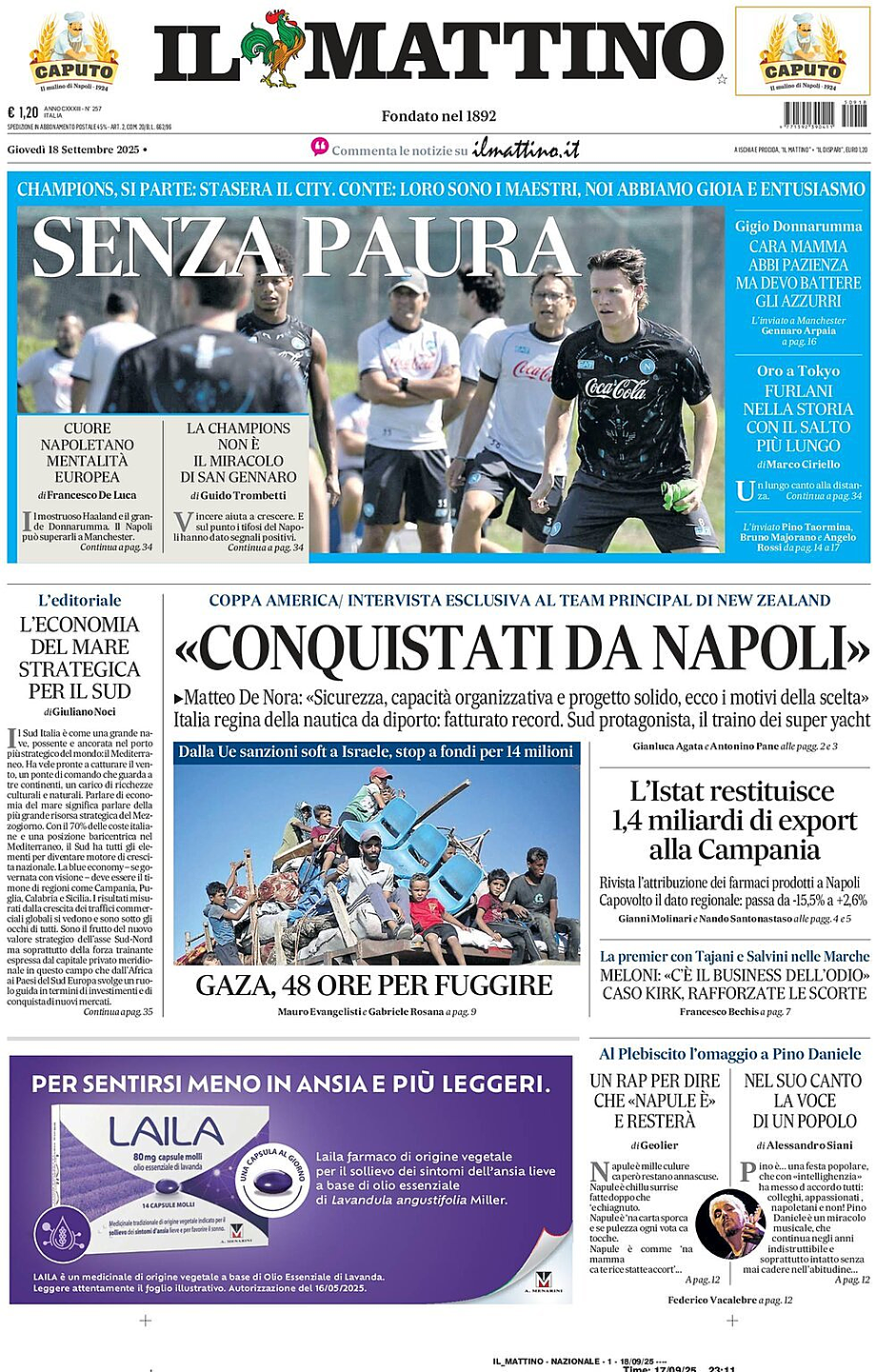 Prima pagina Il Mattino di oggi - Edicola 18 Settembre 2025