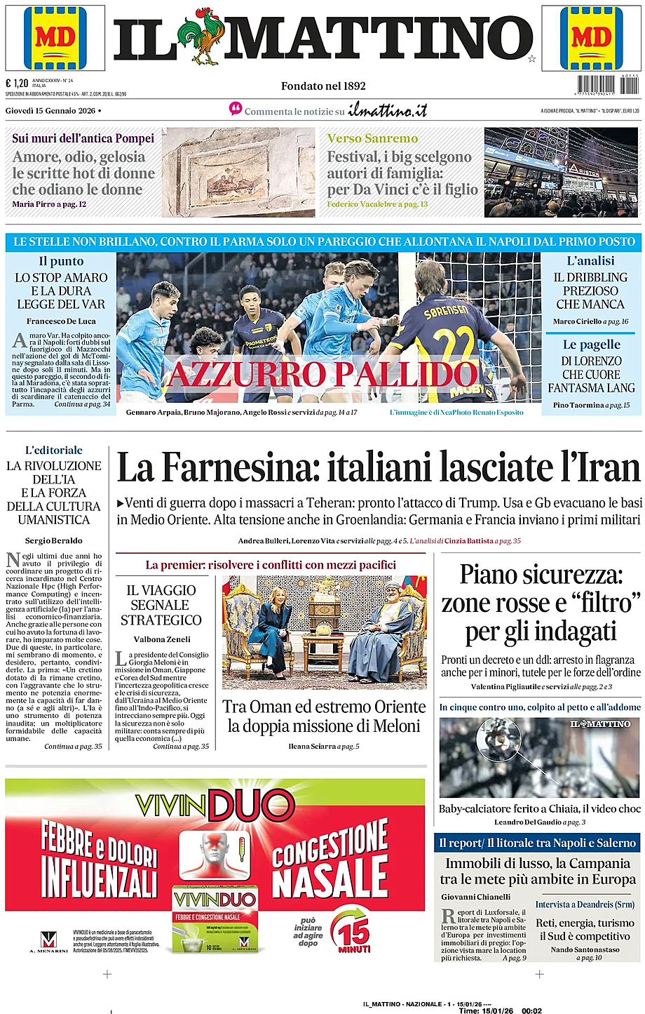 Prima pagina Il Mattino di oggi - Edicola 15 Gennaio 2026