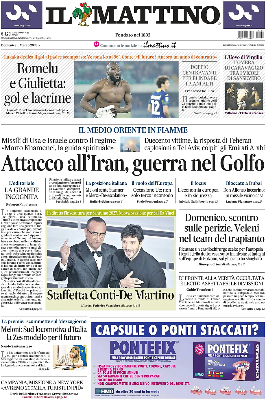 Prima pagina Il Mattino di oggi - Edicola 1 Marzo 2026