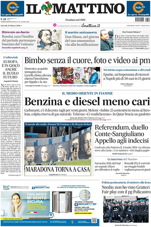 Prima pagina Il Mattino di oggi - Quotidiano nazionale