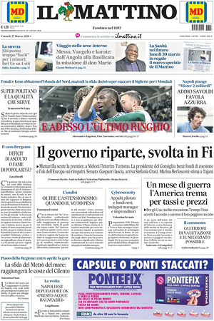 Prima pagina Il Mattino di oggi - Quotidiano nazionale