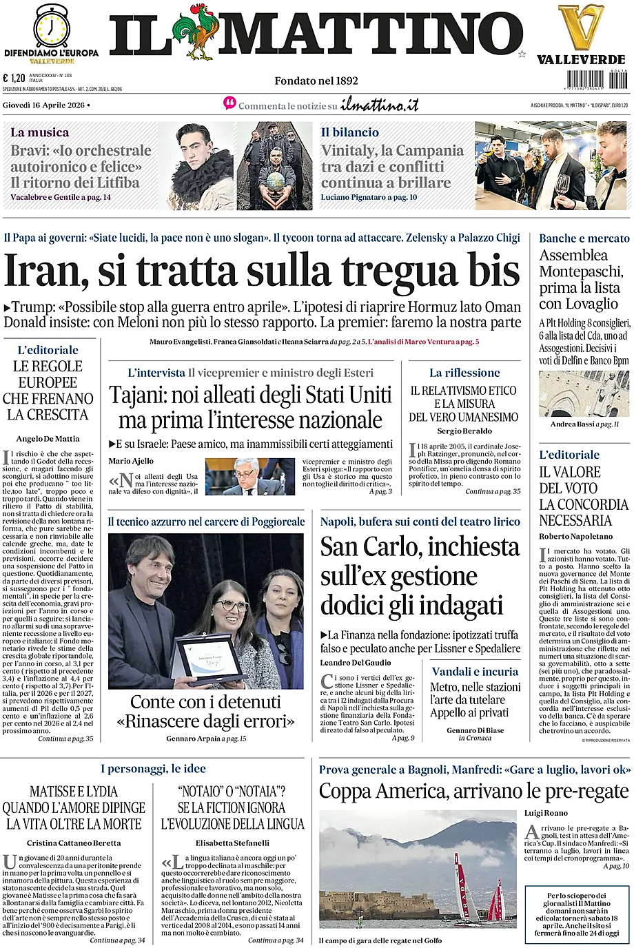 Prima pagina Il Mattino di oggi - Edicola 16 Aprile 2026