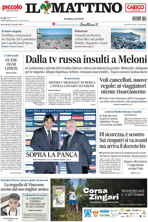 Prima pagina Il Mattino di oggi - Quotidiano nazionale