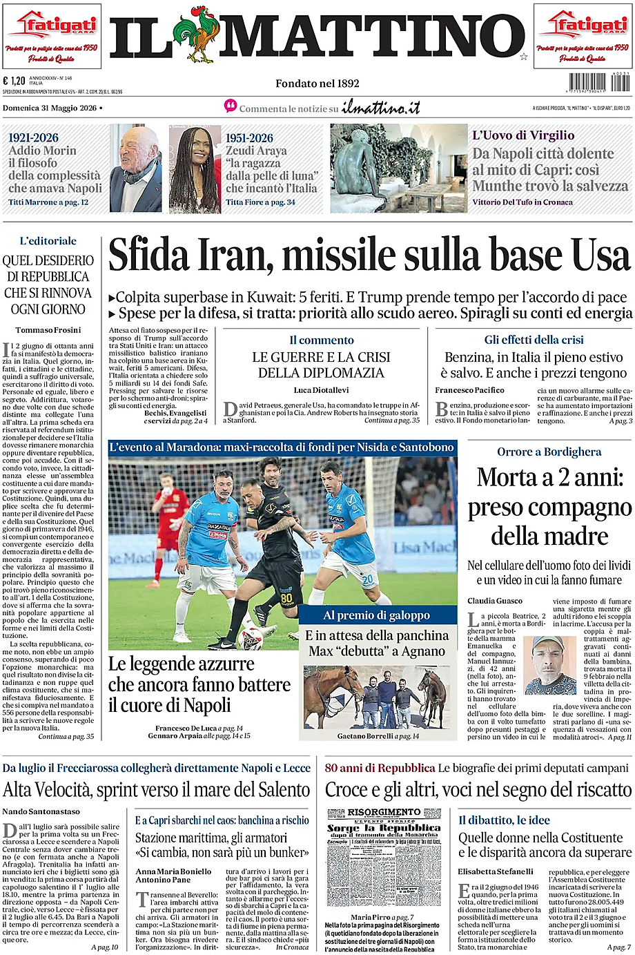 Prima pagina Il Mattino di oggi - Edicola 31 Maggio 2026