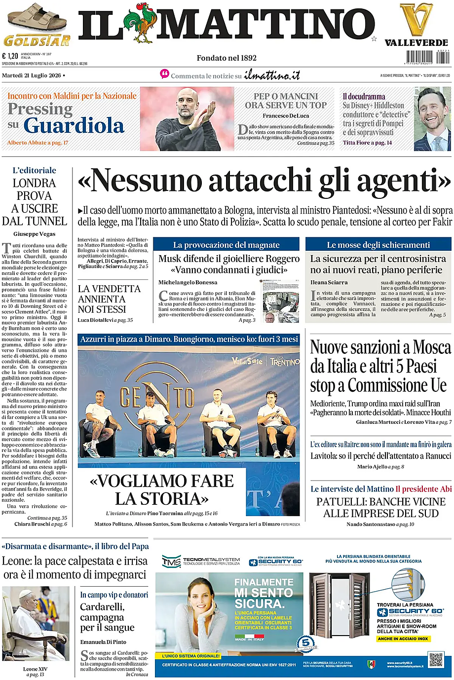Prima pagina Il Mattino di oggi - Edicola 21 Luglio 2026