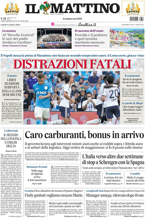 Prima pagina Il Mattino di oggi - Quotidiano nazionale