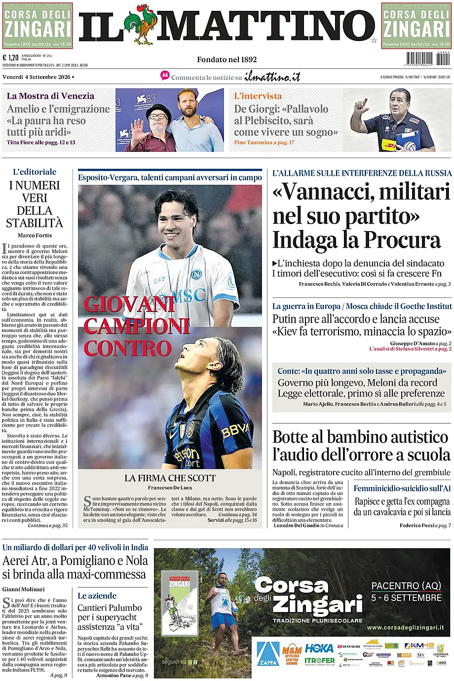 Prima pagina Il Mattino di oggi - Edicola 4 Settembre 2026