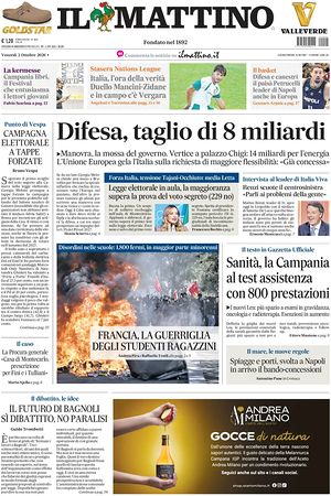 Prima pagina Il Mattino di oggi - Quotidiano nazionale