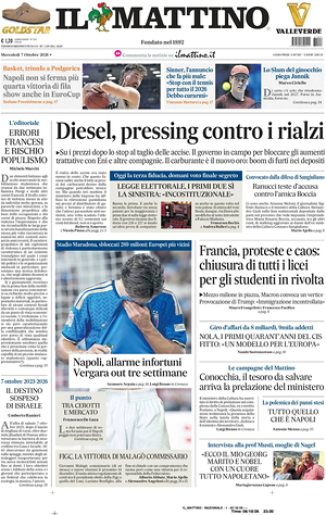 Prima pagina Il Mattino di oggi - Quotidiano nazionale