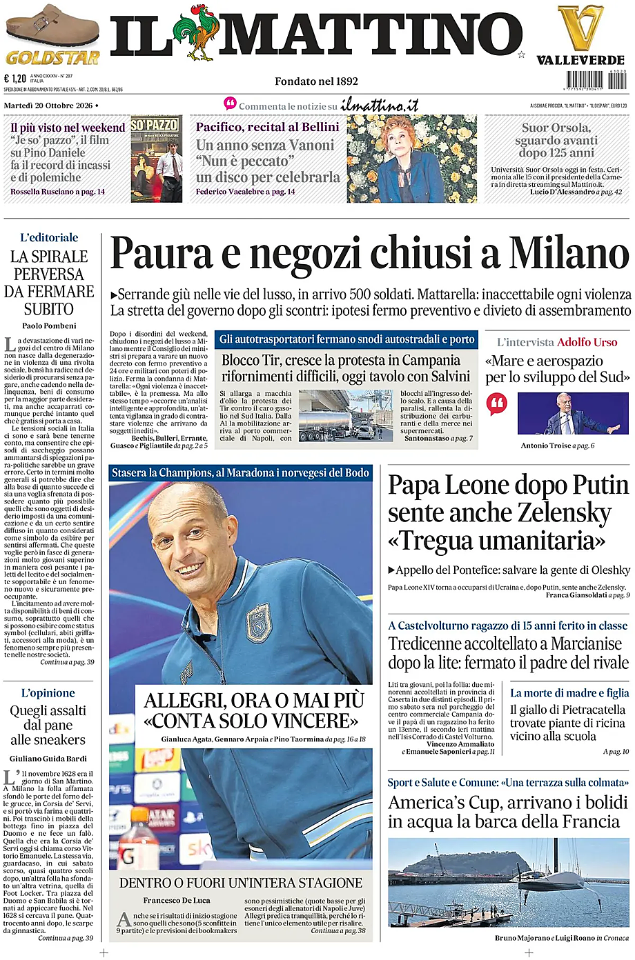 Prima pagina Il Mattino di oggi - Edicola 20 Ottobre 2026