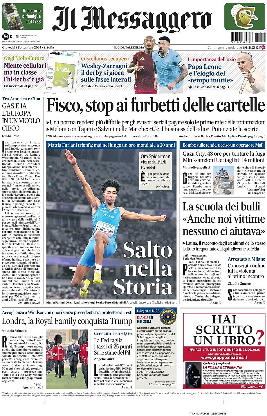 Prima pagina Il Messaggero di oggi - Edicola 18 Settembre 2025