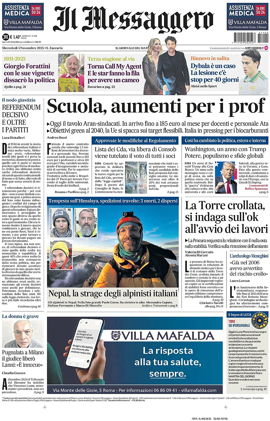 Prima pagina Il Messaggero di oggi - Edicola 5 Novembre 2025