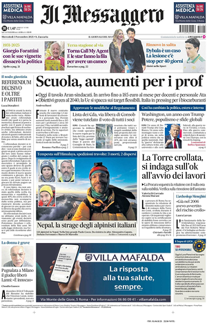 Prima pagina Il Messaggero di oggi - Quotidiano nazionale