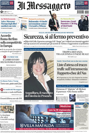 Prima pagina Il Messaggero di oggi - Quotidiano nazionale