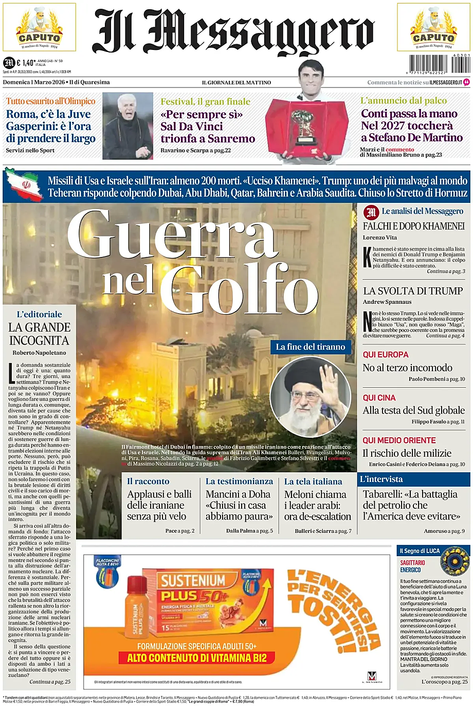 Prima pagina Il Messaggero di oggi - Edicola 1 Marzo 2026