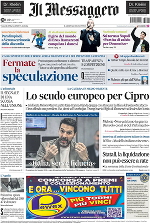 Prima pagina Il Messaggero di oggi - Quotidiano nazionale