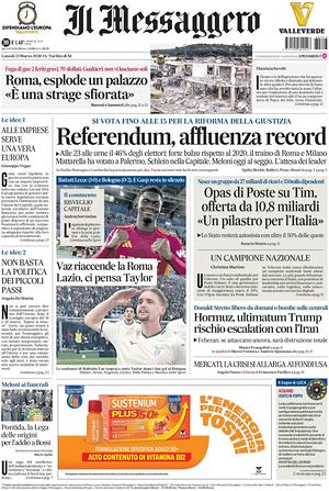 Prima pagina Il Messaggero di oggi - Quotidiano nazionale