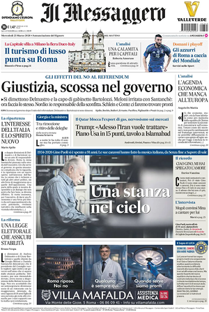 Prima pagina Il Messaggero di oggi - Quotidiano nazionale