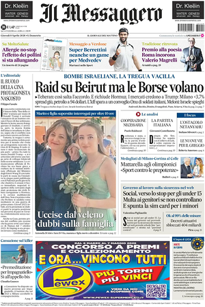 Prima pagina Il Messaggero di oggi - Quotidiano nazionale
