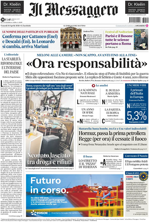 Prima pagina Il Messaggero di oggi - Quotidiano nazionale